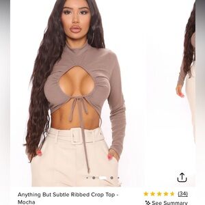 Fashion Nova Ribbed Long Sleeve Crop Top with Front Ruched Keyhole - Taupe